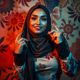 A provocative and artistic representation where a beautiful Muslim woman wearing a hijab is playfully involved in a sensual yet artistic scene, showcasing vibrant colors and a fusion of cultural elements