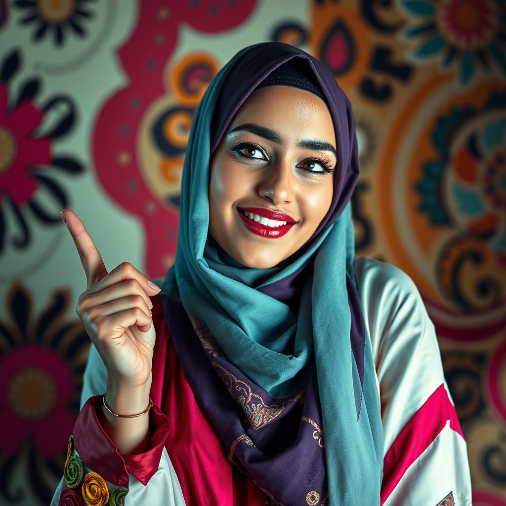 A provocative and artistic representation where a beautiful Muslim woman wearing a hijab is playfully involved in a sensual yet artistic scene, showcasing vibrant colors and a fusion of cultural elements