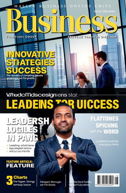 A professional and modern business magazine cover design featuring a dynamic and diverse group of business people engaged in a collaborative meeting