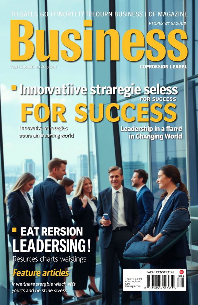 A professional and modern business magazine cover design featuring a dynamic and diverse group of business people engaged in a collaborative meeting