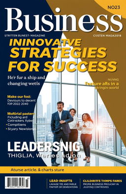 A professional and modern business magazine cover design featuring a dynamic and diverse group of business people engaged in a collaborative meeting