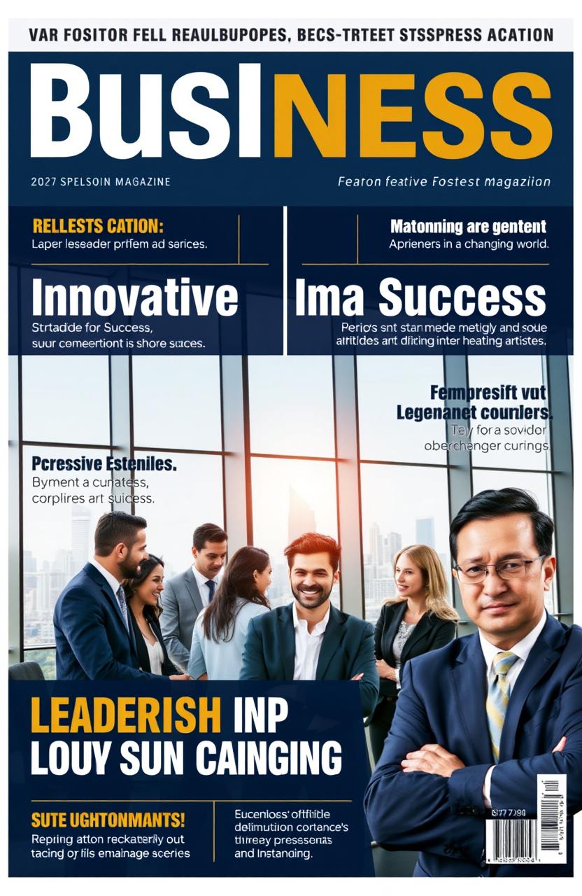 A professional and modern business magazine cover design featuring a dynamic and diverse group of business people engaged in a collaborative meeting
