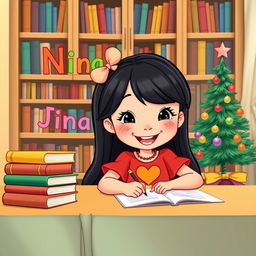 A cheerful young girl named Nina, illustrated in a whimsical Disney style, has long black hair and is 8 years old
