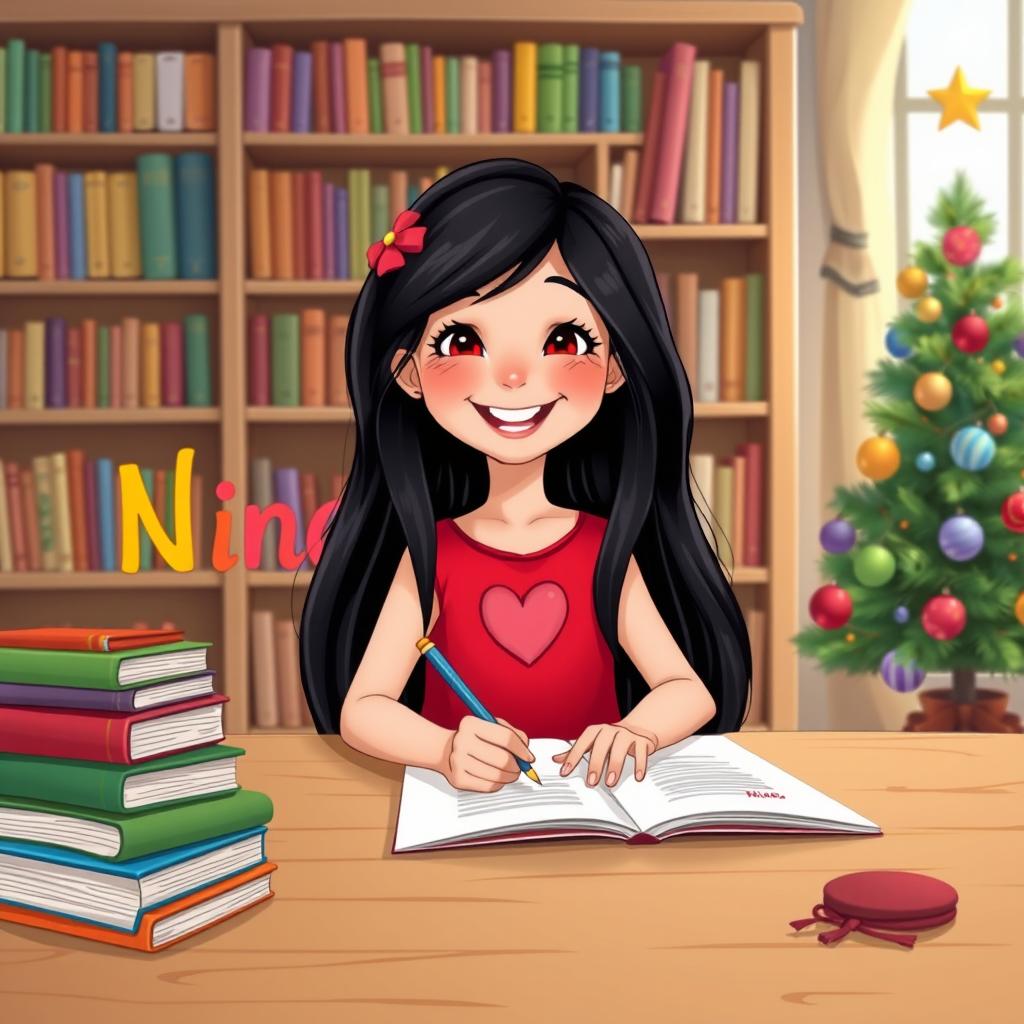 A cheerful young girl named Nina, illustrated in a whimsical Disney style, has long black hair and is 8 years old