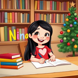 A cheerful young girl named Nina, illustrated in a whimsical Disney style, has long black hair and is 8 years old