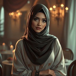 An artistic representation of a beautiful and alluring character dressed in traditional Muslim attire, such as a hijab or abaya, set in a romantic and tasteful environment