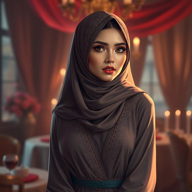 An artistic representation of a beautiful and alluring character dressed in traditional Muslim attire, such as a hijab or abaya, set in a romantic and tasteful environment