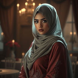 An artistic representation of a beautiful and alluring character dressed in traditional Muslim attire, such as a hijab or abaya, set in a romantic and tasteful environment