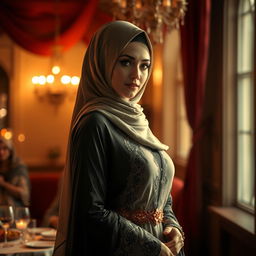 An artistic representation of a beautiful and alluring character dressed in traditional Muslim attire, such as a hijab or abaya, set in a romantic and tasteful environment