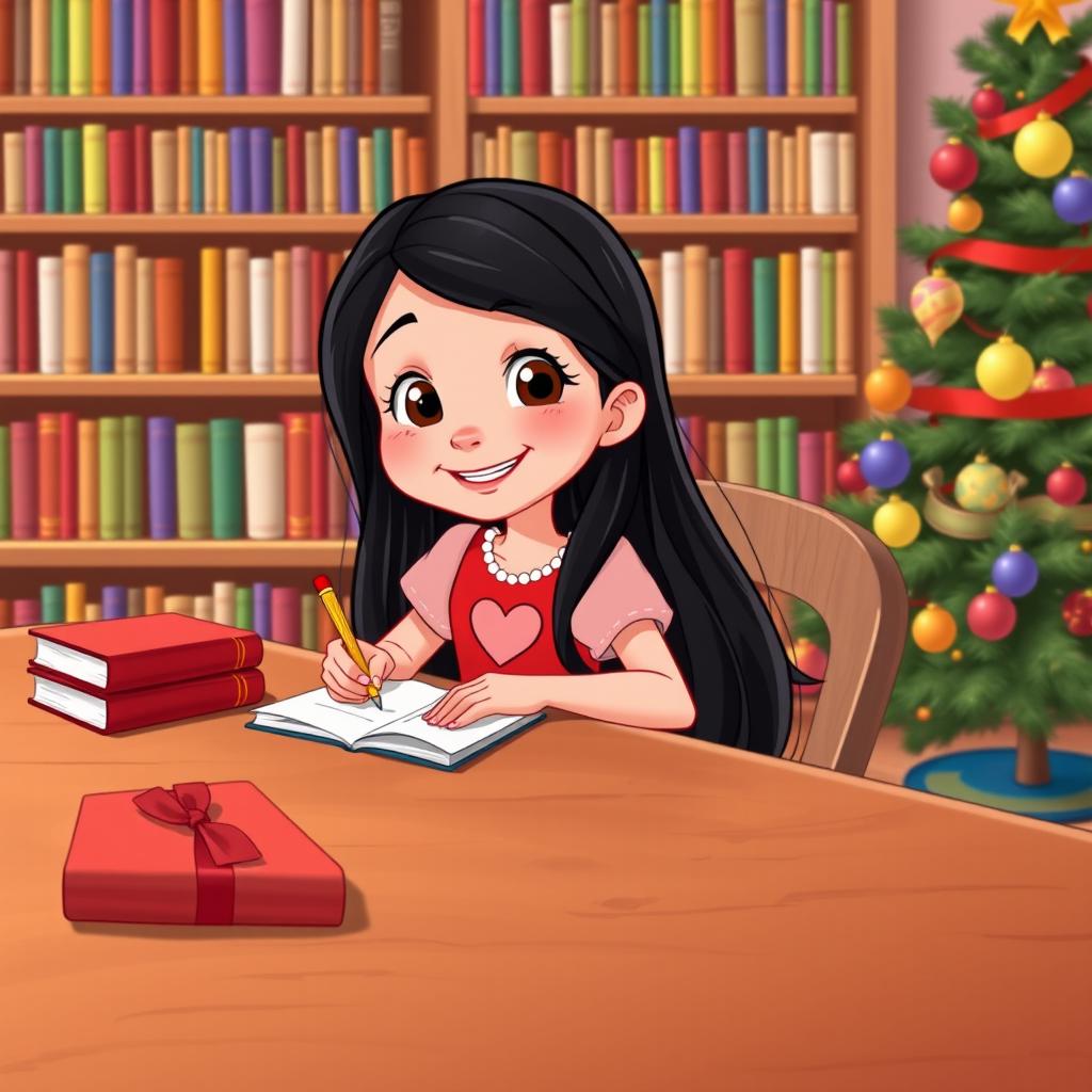 A cheerful young girl named Nina in a Disney style, with long black hair, sitting at a wooden table writing letters