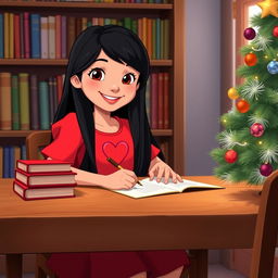 A cheerful young girl named Nina in a Disney style, with long black hair, sitting at a wooden table writing letters