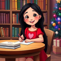 A cheerful young girl named Nina in a Disney style, with long black hair, sitting at a wooden table writing letters