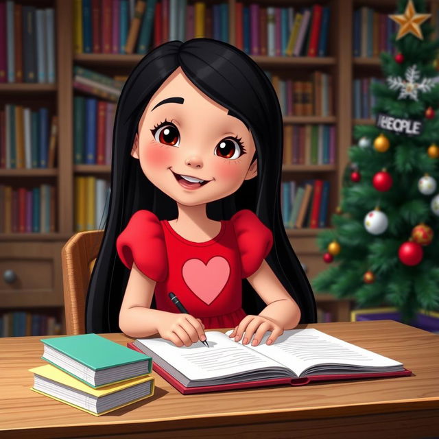 A cheerful young girl named Nina in a Disney style, with long black hair, sitting at a wooden table writing letters