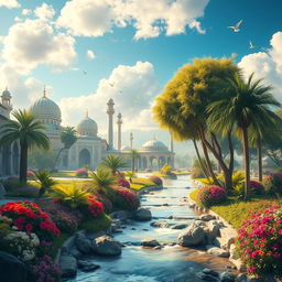 A serene and breathtaking depiction of an Islamic paradise, showcasing lush gardens filled with vibrant flowers, flowing rivers, and gentle streams