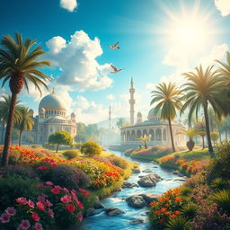 A serene and breathtaking depiction of an Islamic paradise, showcasing lush gardens filled with vibrant flowers, flowing rivers, and gentle streams