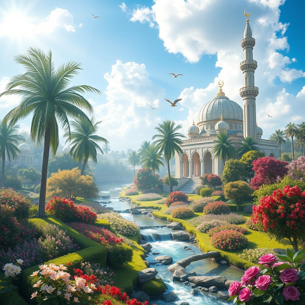 A serene and breathtaking depiction of an Islamic paradise, showcasing lush gardens filled with vibrant flowers, flowing rivers, and gentle streams