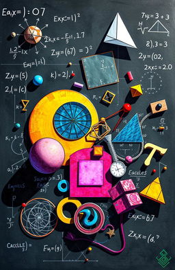 An artistic representation of various mathematical concepts including equations, graphs, geometric shapes, and calculus symbols, all intertwined in a colorful and vibrant collage