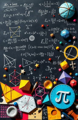 An artistic representation of various mathematical concepts including equations, graphs, geometric shapes, and calculus symbols, all intertwined in a colorful and vibrant collage