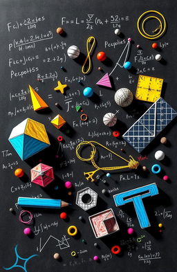 An artistic representation of various mathematical concepts including equations, graphs, geometric shapes, and calculus symbols, all intertwined in a colorful and vibrant collage