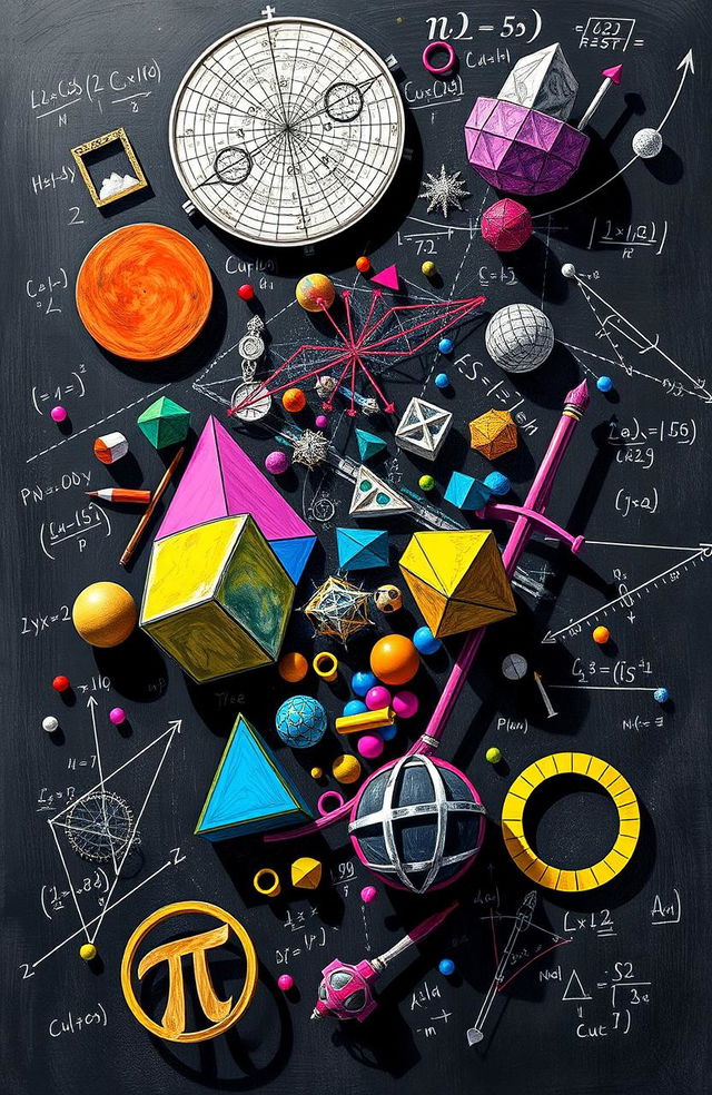 An artistic representation of various mathematical concepts including equations, graphs, geometric shapes, and calculus symbols, all intertwined in a colorful and vibrant collage