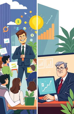 An illustration depicting two contrasting CEOs in a corporate environment, highlighting the theme of business and social responsibility