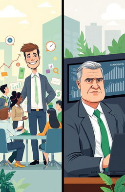 An illustration depicting two contrasting CEOs in a corporate environment, highlighting the theme of business and social responsibility
