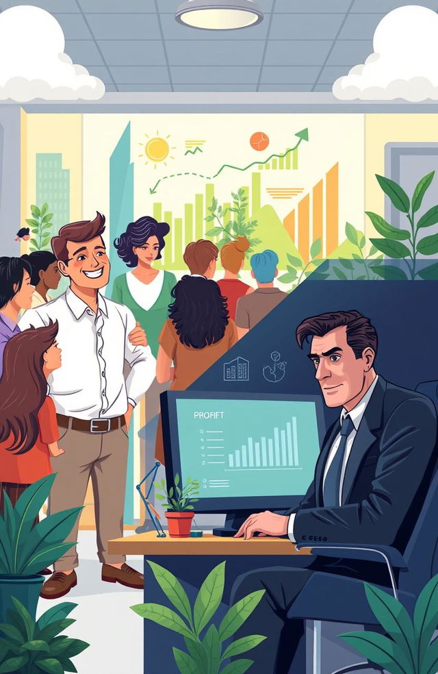 An illustration depicting two contrasting CEOs in a corporate environment, highlighting the theme of business and social responsibility