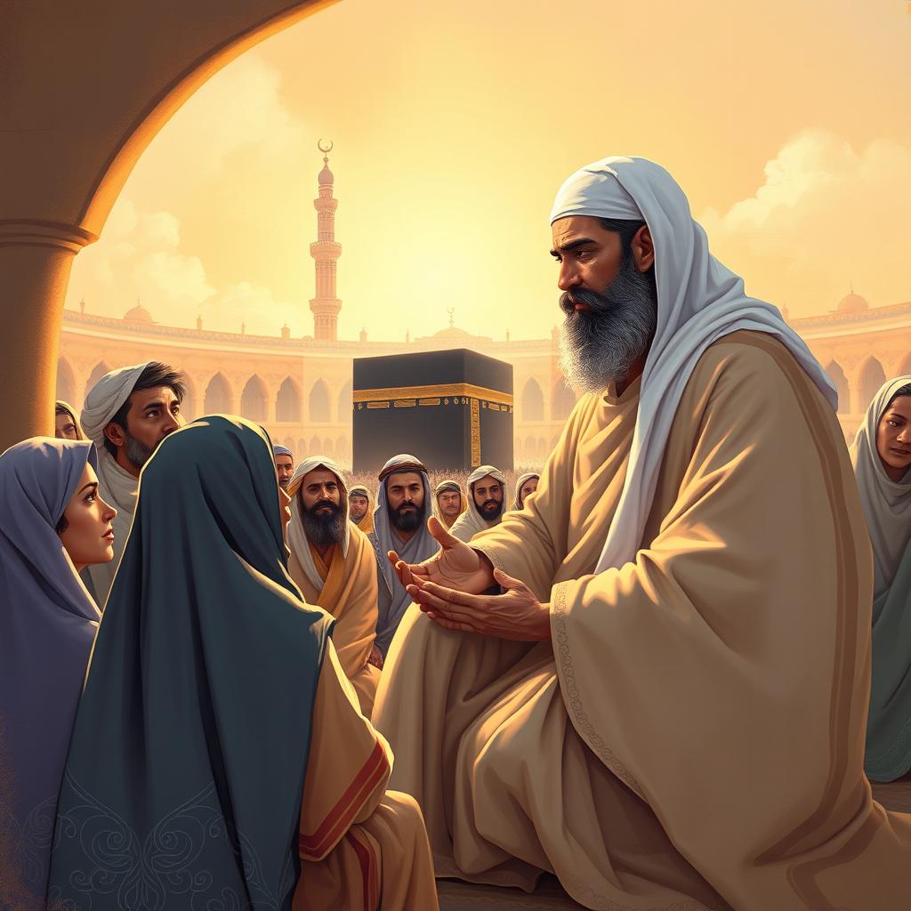 A respectful and detailed artistic depiction of the Prophet Muhammad, inspired by traditional Islamic art and culture, illustrating significant moments from the Sunnah and Sirah