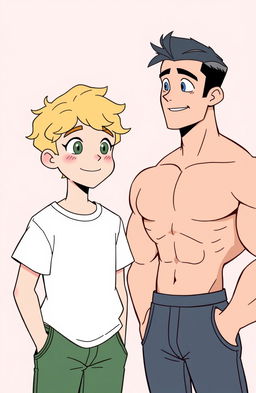 A clean line illustration featuring two characters: a blonde boy and a muscular boy