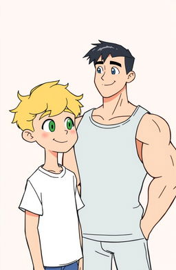 A clean line illustration featuring two characters: a blonde boy and a muscular boy