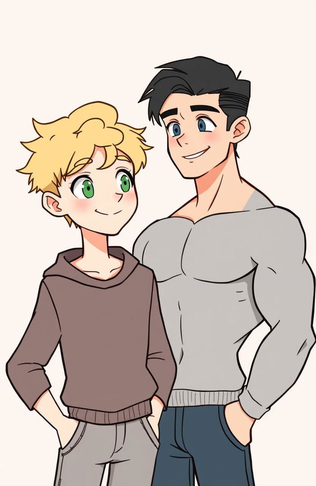 A clean line illustration featuring two characters: a blonde boy and a muscular boy