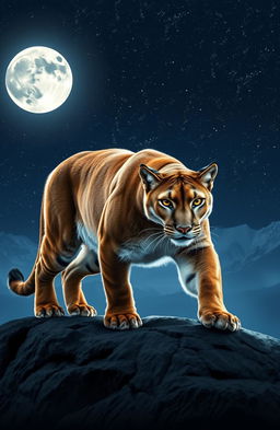 A majestic mountain lion prowling in the night, positioned in front of a full moon that casts a silvery glow on the landscape
