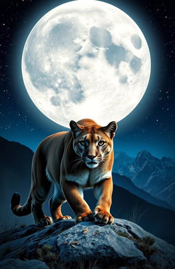 A majestic mountain lion prowling in the night, positioned in front of a full moon that casts a silvery glow on the landscape