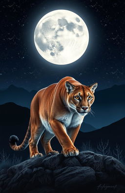 A majestic mountain lion prowling in the night, positioned in front of a full moon that casts a silvery glow on the landscape