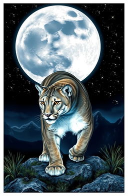 A majestic mountain lion prowling in the night, positioned in front of a full moon that casts a silvery glow on the landscape