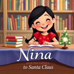 A joyful young girl named Nina, in a charming Disney style, with long black hair wearing a vibrant red dress adorned with heart patterns