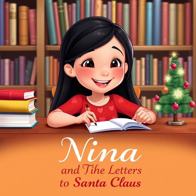 A joyful young girl named Nina, in a charming Disney style, with long black hair wearing a vibrant red dress adorned with heart patterns