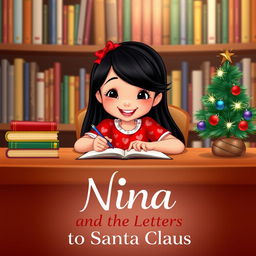 A joyful young girl named Nina, in a charming Disney style, with long black hair wearing a vibrant red dress adorned with heart patterns