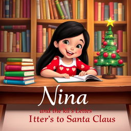 A joyful young girl named Nina, in a charming Disney style, with long black hair wearing a vibrant red dress adorned with heart patterns