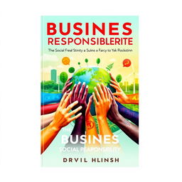 A visually striking cover design for a book on business and social responsibility, featuring a fusion of vibrant colors and symbols representing sustainability and ethical practices