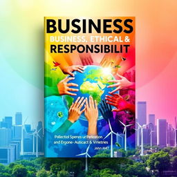 A visually striking cover design for a book on business and social responsibility, featuring a fusion of vibrant colors and symbols representing sustainability and ethical practices