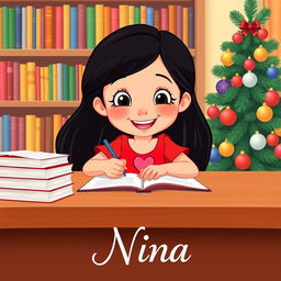 A cheerful girl named Nina, aged 8, with long black hair styled in a bright Disney animation style