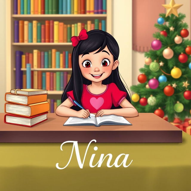 A cheerful girl named Nina, aged 8, with long black hair styled in a bright Disney animation style