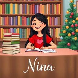 A cheerful girl named Nina, aged 8, with long black hair styled in a bright Disney animation style