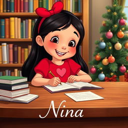 A cheerful girl named Nina, aged 8, with long black hair styled in a bright Disney animation style