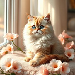 A beautiful and realistic depiction of a fluffy and adorable Persian cat, showcasing its large round eyes and luxurious, long fur