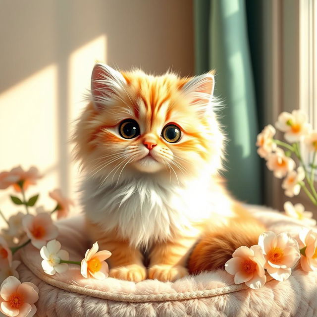 A beautiful and realistic depiction of a fluffy and adorable Persian cat, showcasing its large round eyes and luxurious, long fur