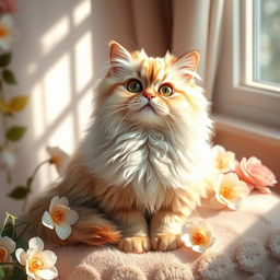A beautiful and realistic depiction of a fluffy and adorable Persian cat, showcasing its large round eyes and luxurious, long fur