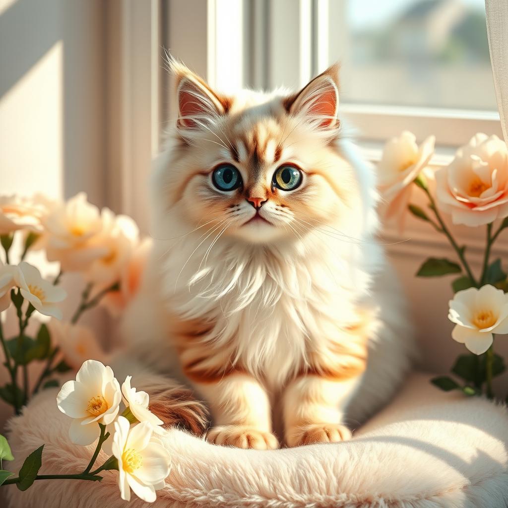 A beautiful and realistic depiction of a fluffy and adorable Persian cat, showcasing its large round eyes and luxurious, long fur