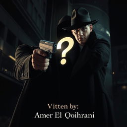 A dramatic scene featuring a detective in a modern urban setting, holding a gun aimed at a mysterious black figure that prominently displays a glowing question mark within it